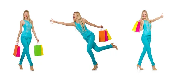 Femme avec des sacs à provisions isolés sur blanc — Photo