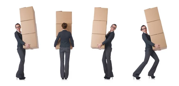 Woman businesswoman with boxes on white — Stock Photo, Image