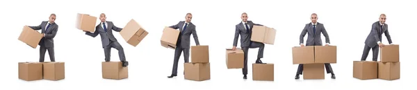 Uomo d'affari con scatola isolata sul bianco — Foto Stock