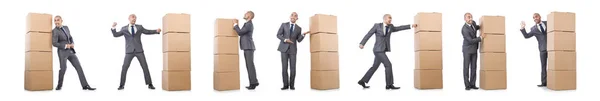 Affärsman med box isolerat på vita — Stockfoto