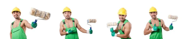 Painter in green coveralls on white — Stock Photo, Image