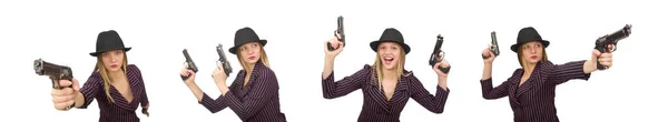 Gangster-Frau mit Waffe isoliert auf Weiß — Stockfoto