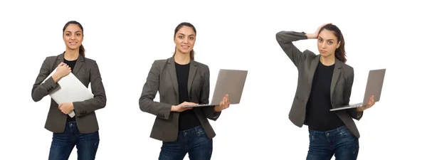 Joven estudiante con portátil en blanco — Foto de Stock