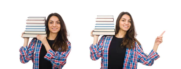 Joven estudiante con libros de texto aislados en blanco — Foto de Stock