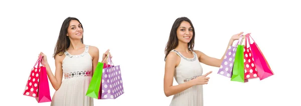 Alışveriş torbaları olan kadın beyazda yalnız. — Stok fotoğraf