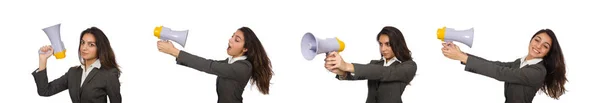 Kvinna med högtalare på vitt — Stockfoto