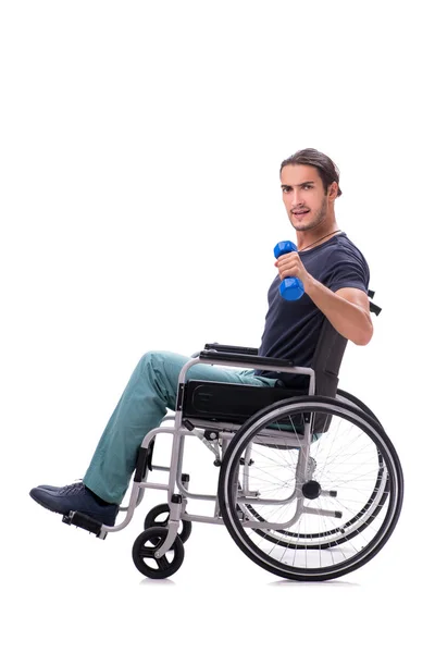 Jovem deficiente fazendo exercícios físicos isolados em branco — Fotografia de Stock