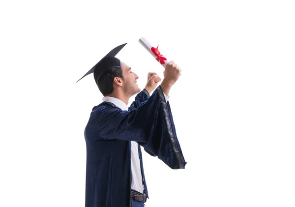 Φοιτητής ενθουσιασμένοι με την αποφοίτησή του απομονωθεί σε λευκό — Φωτογραφία Αρχείου