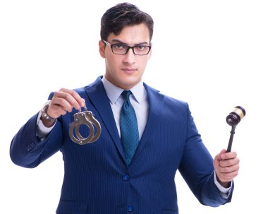 Beyaz arka planda tokmağı olan avukat hukuk öğrencisi.