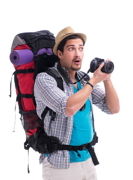 Backpacker with camera isolated on white background
