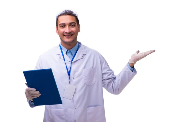 Молодий чоловік лікар з нотатками ізольовані на білому — стокове фото