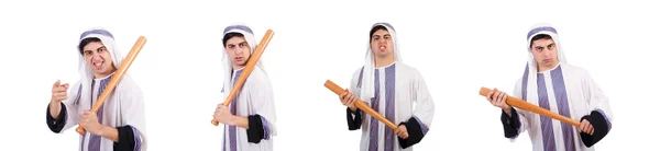 Aggressiva arabiska mannen med basebollträ på vit — Stockfoto