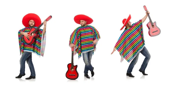 有趣的墨西哥佬，吉他与白色隔离 — 图库照片