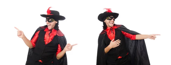 Joven con abrigo de carnaval aislado en blanco — Foto de Stock