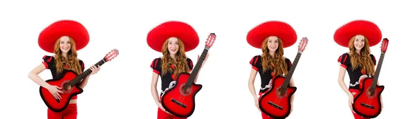 Woman guitar player with sombrero on white — Stock Photo, Image