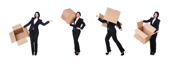 Mujer con un montón de cajas en blanco — Foto de Stock