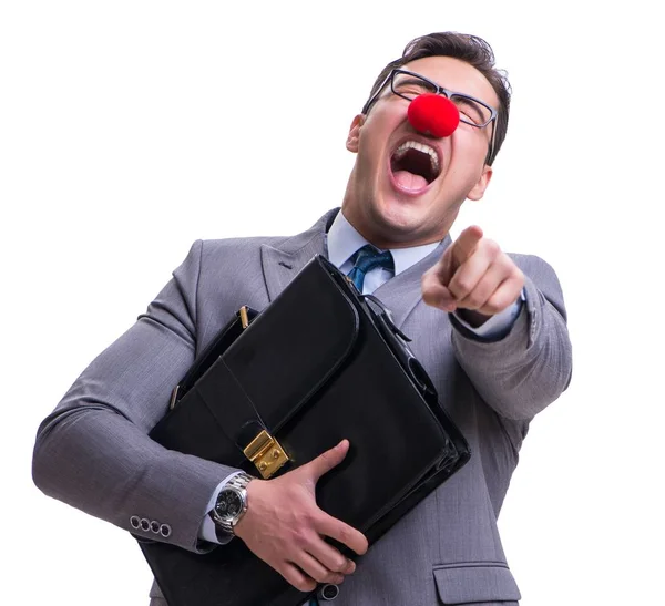 Payaso divertido con maletín en blanco —  Fotos de Stock