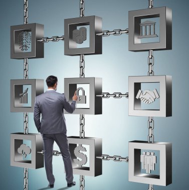 Engelleme zinciri kripto para birimi kavramında iş adamı