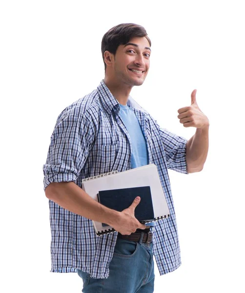 Young student with book ang notes isolated on white — Stock Photo, Image