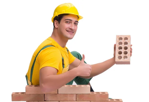 O belo trabalhador da construção civil edifício parede de tijolo — Fotografia de Stock