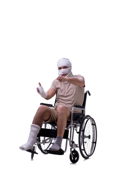 Injured man in wheel-chair isolated on white — Stock Photo, Image