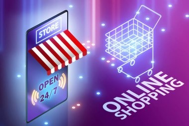 Akıllı telefonlu çevrimiçi alışveriş kavramı - 3D görüntüleme