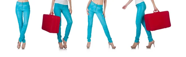 Pernas de mulher em calças azuis — Fotografia de Stock