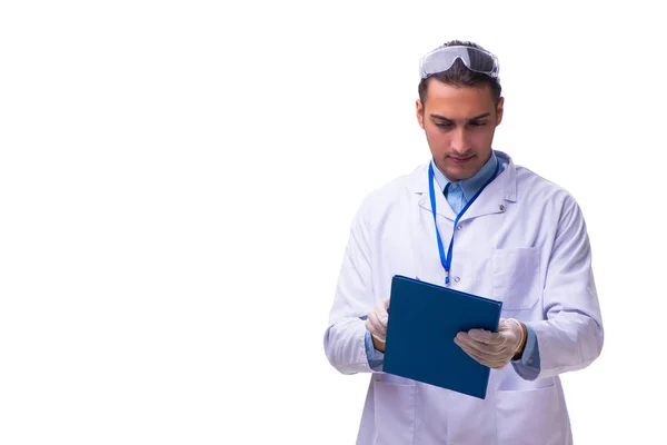 Médico varón joven con notas aisladas en blanco —  Fotos de Stock