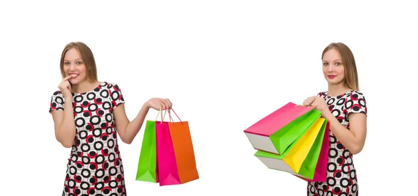 Ung kvinna efter shopping isolerad på den vita — Stockfoto