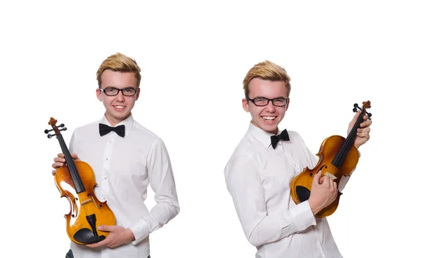 年轻有趣的小提琴手被白色隔离 — 图库照片