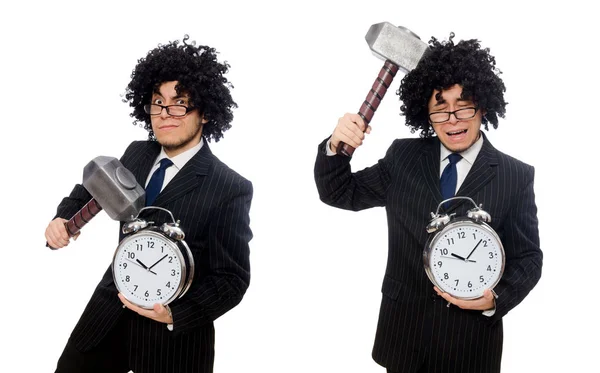 Businessman holding hammer and alarm clock isolated on white — Stock Photo, Image