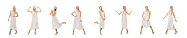 Γυναίκα με φόρεμα στο φόρεμα μόδας απομονωμένο σε λευκό — Φωτογραφία Αρχείου