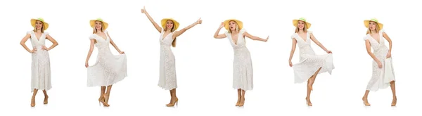 Mujer en vestido largo de verano y sombrero aislado en blanco — Foto de Stock