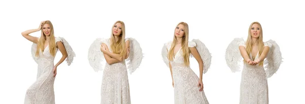 Γυναίκα με φτερά αγγέλου απομονωμένη στο λευκό — Φωτογραφία Αρχείου