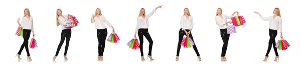 Vrouw veel boodschappentassen na het winkelen geïsoleerd op wit — Stockfoto