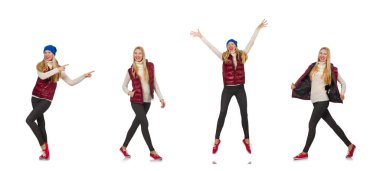 Bordo yelekli sarışın kız, beyaz tenli.