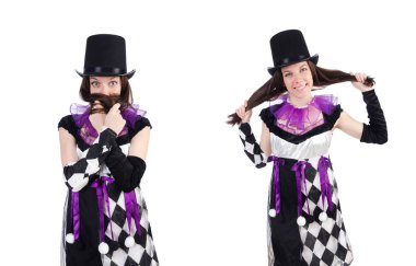 Güzel kız beyaz izole soytarı kostüm