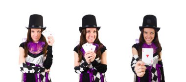 Güzel kız beyaz izole soytarı kostüm