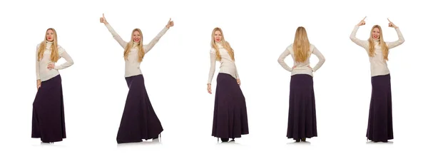 Όμορφο κορίτσι στο μακρύ φόρεμα βιολετί που απομονώνονται σε λευκό — Φωτογραφία Αρχείου