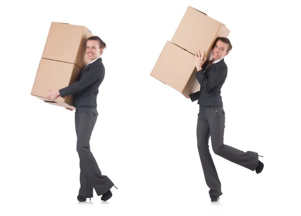 Geschäftsfrau mit Schachteln auf weißem Grund — Stockfoto