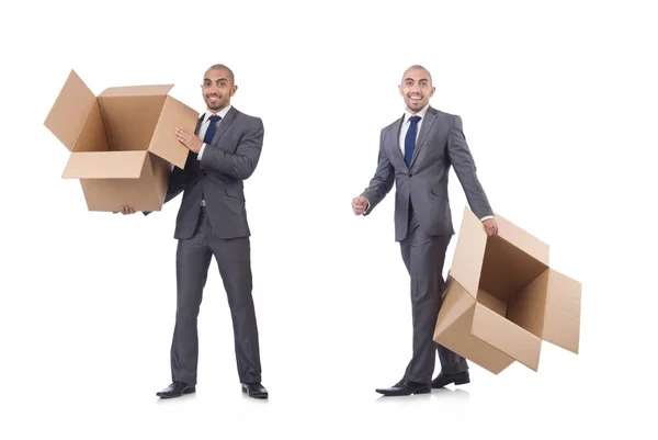 Empresário com caixa isolada no branco — Fotografia de Stock