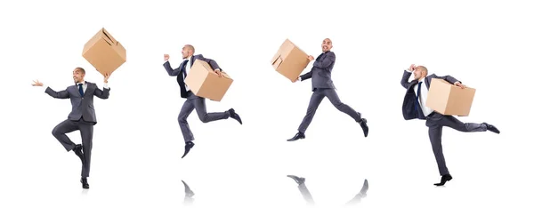 Businessman with box isolated on the white — Stock Photo, Image