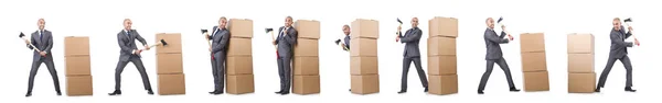 Hombre con hacha y cajas en blanco — Foto de Stock