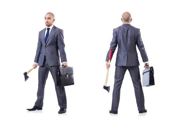 Funny businessman with axe on white — Stock Photo, Image