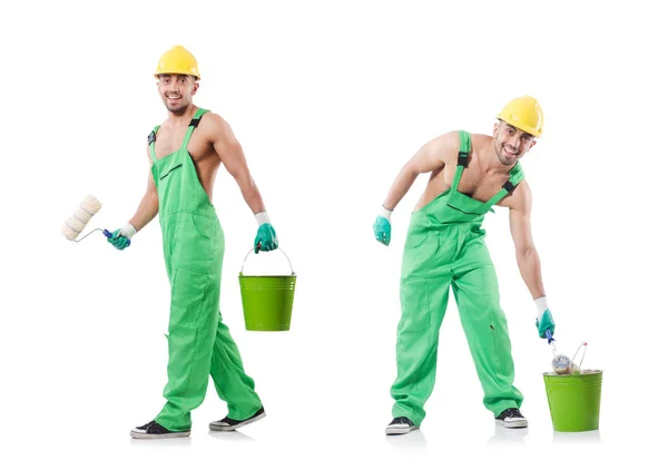 Painter in green coveralls on white — Stock Photo, Image