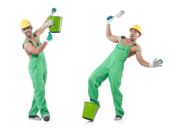 Painter in green coveralls on white — Stock Photo, Image