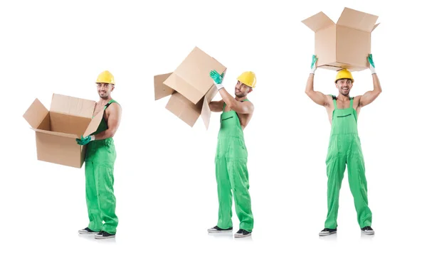 Man in coveralls with boxes — Stock Photo, Image