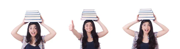 Young female student with books on white — Stock Photo, Image