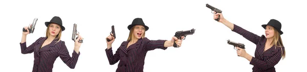 Gangster-Frau mit Waffe isoliert auf Weiß — Stockfoto