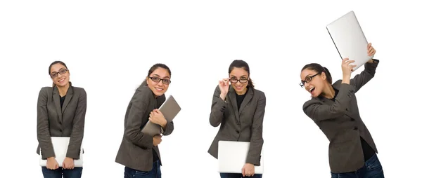 Jeune étudiant avec ordinateur portable sur blanc — Photo